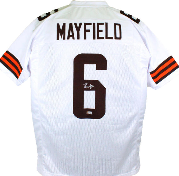 Baker Mayfield Autographed White Pro Style Jersey- Beckett W *Silver Image 1