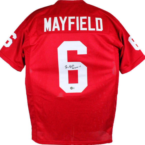 Baker Mayfield Autographed Red College Style Jersey W/Heisman 17- Beckett W *Black