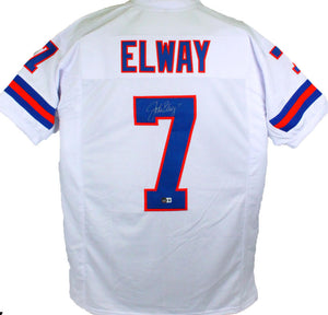 John Elway Autographed White Pro Style TB Jersey- Beckett W Holo *Silv –  The Jersey Source