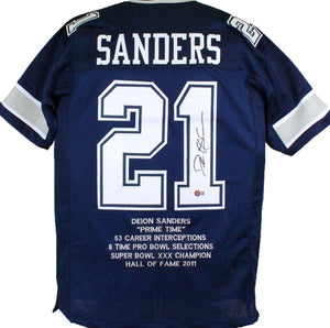 The Jersey Source Deion Sanders Autographed Blue Pro Style Stat Jersey- Beckett W *Black *1