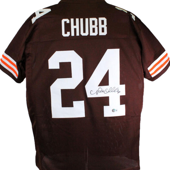 Nick Chubb Autographed Brown w/ White # Pro Style Jersey-Beckett W Hologram *Black Image 1