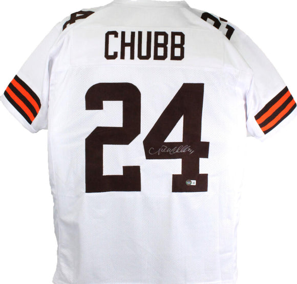 Nick Chubb Autographed White Pro Style Jersey- Beckett W Hologram *Silver Image 1