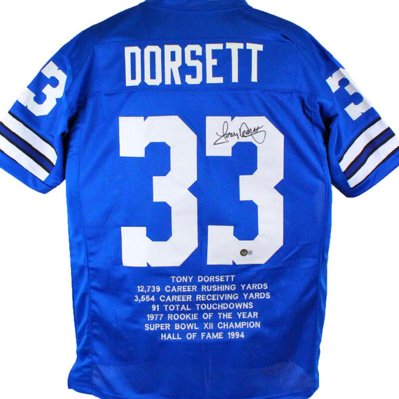 Tony Dorsett Autographed Blue Pro Style STAT Jersey - Beckett W Hologram Auth *R3