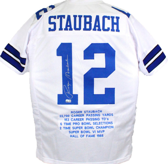 Roger Staubach Autographed White Pro Style STAT Jersey- Beckett W Hologram *SIlver Image 1