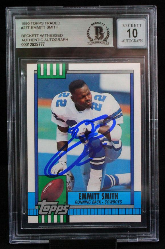 1990 Topps Traded #27T Emmitt Smith Dallas Cowboys BAS Autograph 10  Image 1