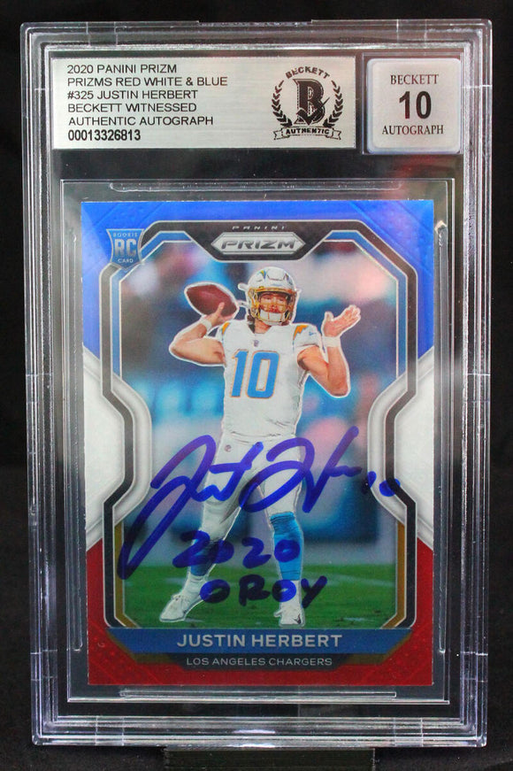 2020 Panini Prizm #325 RED WHITE BLUE Justin Herbert Chargers OROY BAS Auto 10