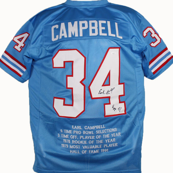 Earl Campbell Autographed Blue Pro Style Stat 4 Jersey With HOF- JSA W *Black