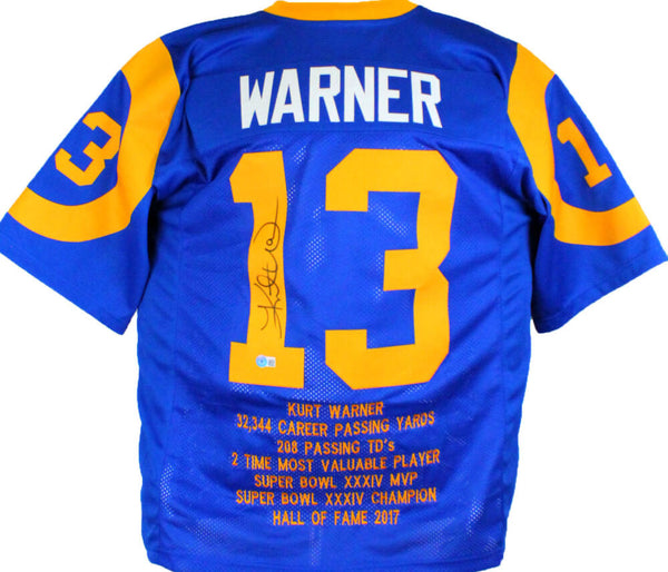 The Jersey Source Kurt Warner Autographed Blue/Yellow Pro Style Stat Jersey-Beckett W Hologram