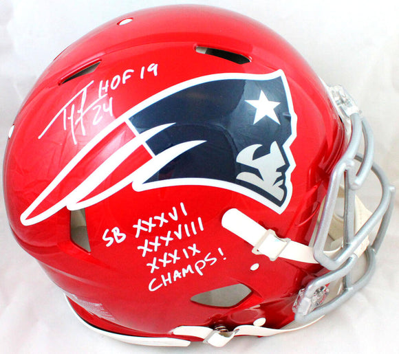 Ty Law Autographed Patriots F/S Flash Speed Authentic Helmet w/2 Insc.-Beckett W Hologram *White