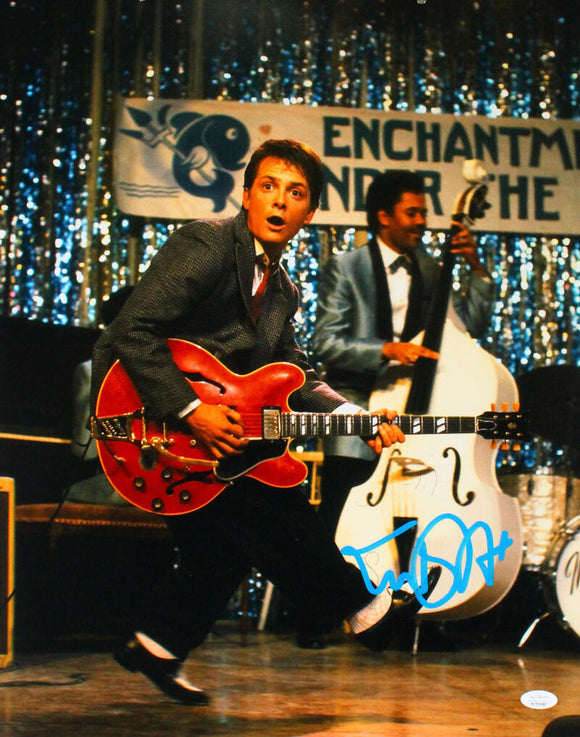 Michael J. Fox Autographed Back to the Future 16x20 Guitar Photo- JSA W *Blue Image 1