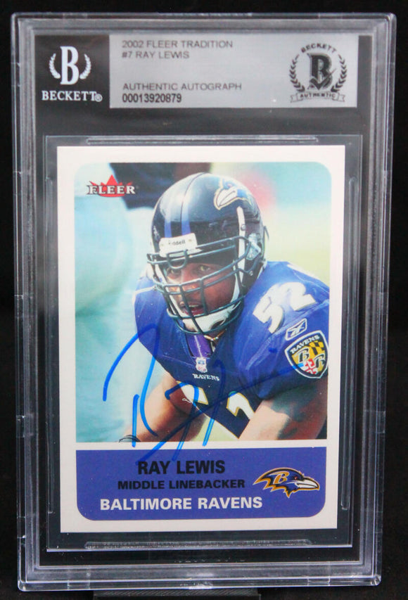 2002 Fleer Tradition #7 Ray Lewis Auto Baltimore Ravens Autograph Beckett Auth Image 1