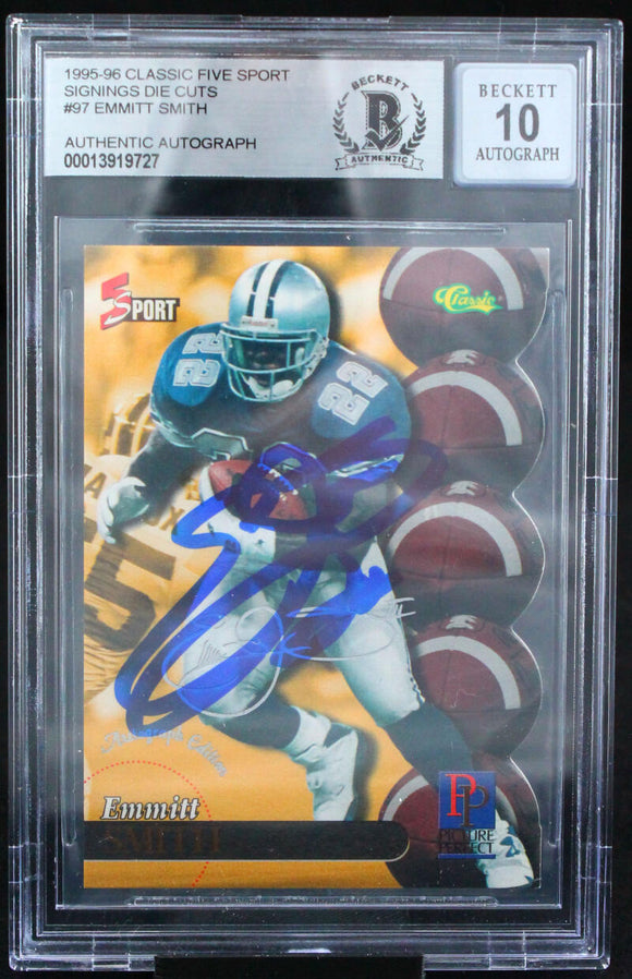 95-96 Classic Five Sport Signings Die Cuts #97 Emmitt Smith Cowboys BAS Auto 10  Image 1