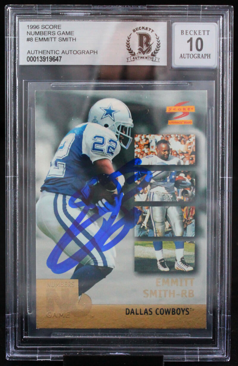 1996 Score Numbers Game #8 Emmitt Smith Auto Dallas Cowboys BAS Autogr –  The Jersey Source