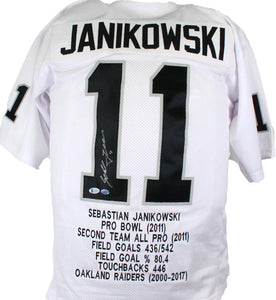 Sebastian Janikowski Autographed White Pro Style STAT Jersey- Beckett *Silver Image 1