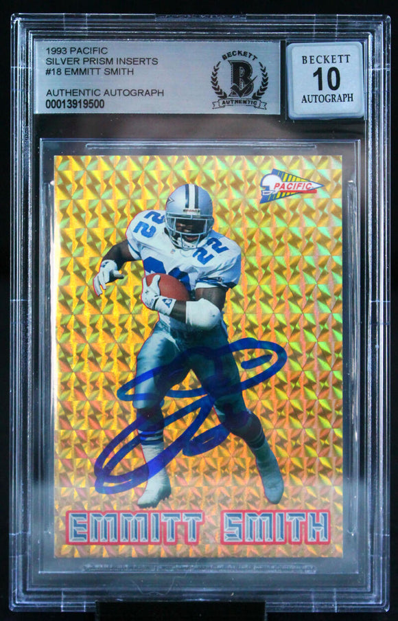 1993 Pacific Silver Prism Inserts #18 Emmitt Smith Cowboys BAS Autograph 10  Image 1