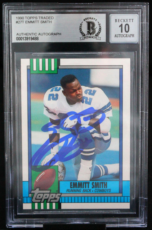 1990 Topps Traded #27T Emmitt Smith Auto Dallas Cowboys BAS Autograph 10  Image 1