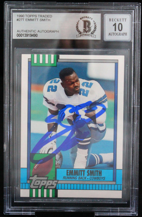 1990 Topps Traded #27T Emmitt Smith Auto Dallas Cowboys BAS Autograph 10  Image 1