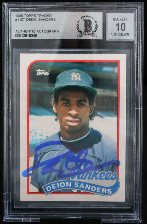 1989 Topps Traded #110T Deion Sanders Auto New York Yankees BAS Autograph 10  Image 1
