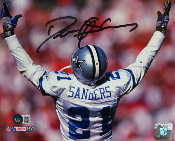 Deion Sanders Autographed Dallas Cowboys 8x10 Arms Up HM Photo-Beckett W Hologram *Black Image 1