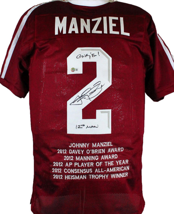 Johnny Manziel Autographed Maroon College Style STAT Jersey w/2 insc.-Beckett W Hologram *Black Image 1