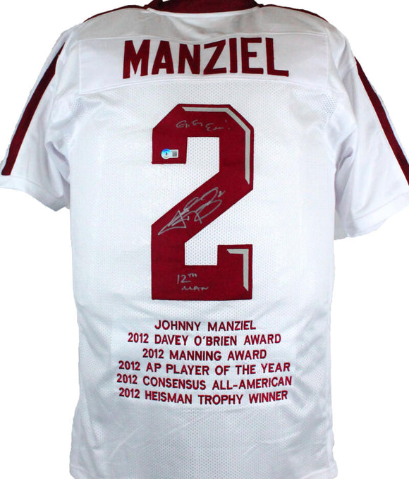 Johnny Manziel Autographed White College Style STAT Jersey w/2 insc.-Beckett W Hologram *Silver Image 1