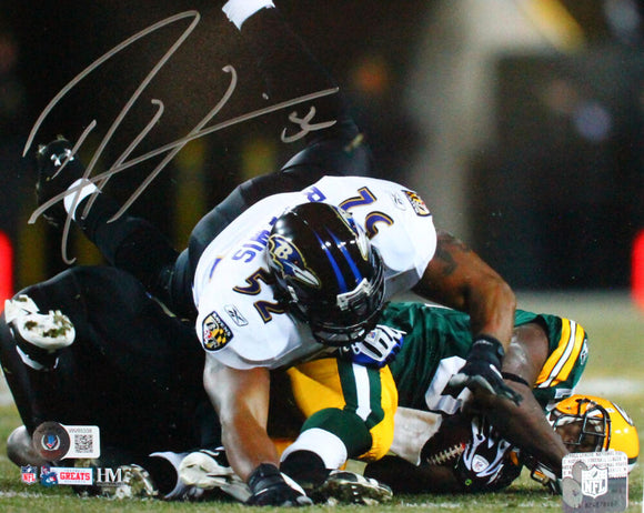 Ray Lewis Autographed Ravens 8x10 Tackle Vs Packers HM Photo- Beckett W Hologram *Silver Image 1