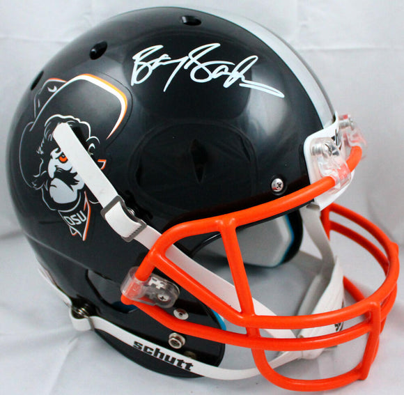 Barry Sanders Autographed Oklahoma State F/S Schutt Black Helmet Orange Mask-Beckett W Hologram *White Image 1
