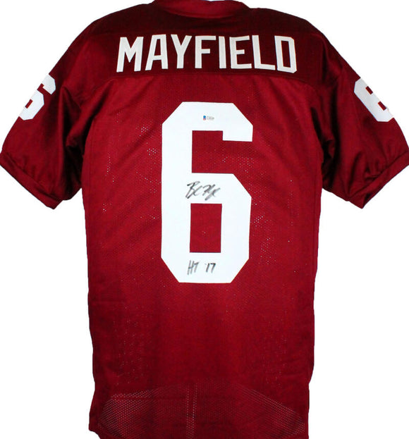 Baker Mayfield Autographed Red College Style Jersey With HT- Beckett Auth Image 1