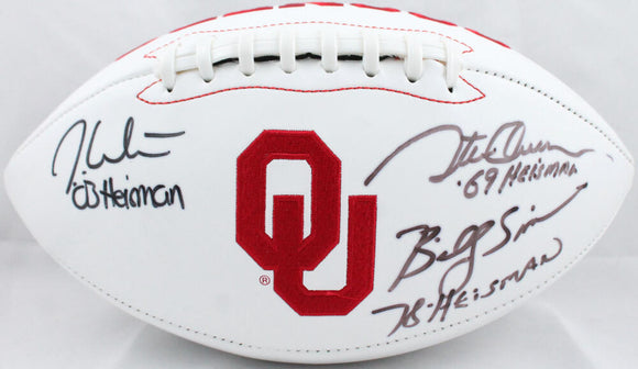 White, Owens, Simms Autographed OU Sooners Logo Football w/ Heisman - Beckett W Auth Image 1