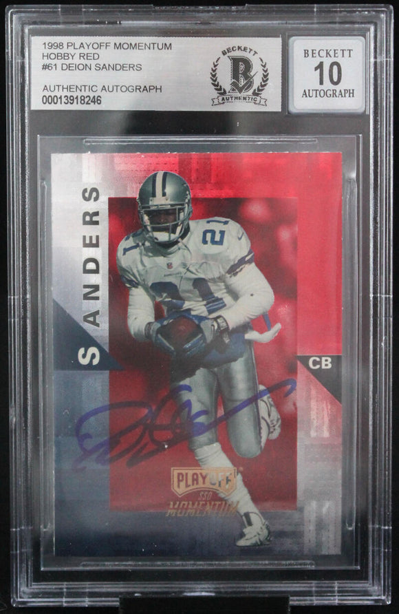 1998 Playoff Momentum Hobby Red #61 Deion Sanders Cowboys BAS Autograph 10 Image 1