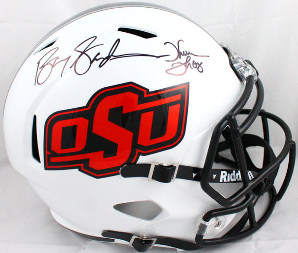 Barry Sanders Thurman Thomas Autographed Oklahoma State F/S Speed Helmet-Beckett W Hologram *Black Image 1