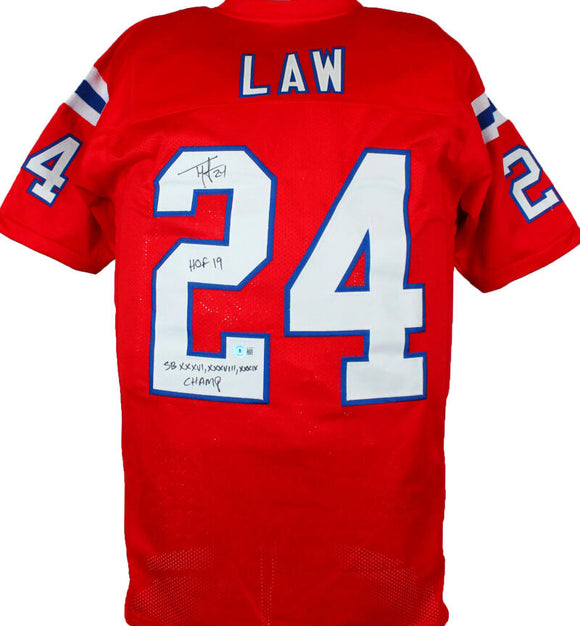 Ty Law Autographed Red Pro Style Jersey w/HOF, SB Champs-Beckett W Hologram *Black Image 1