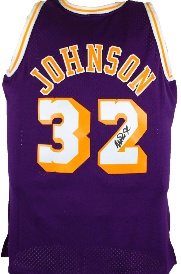 Magic Johnson Autographed Lakers Purple Mitchell & Ness HWC Swingman Jersey-Beckett W Hologram *Black Image 1