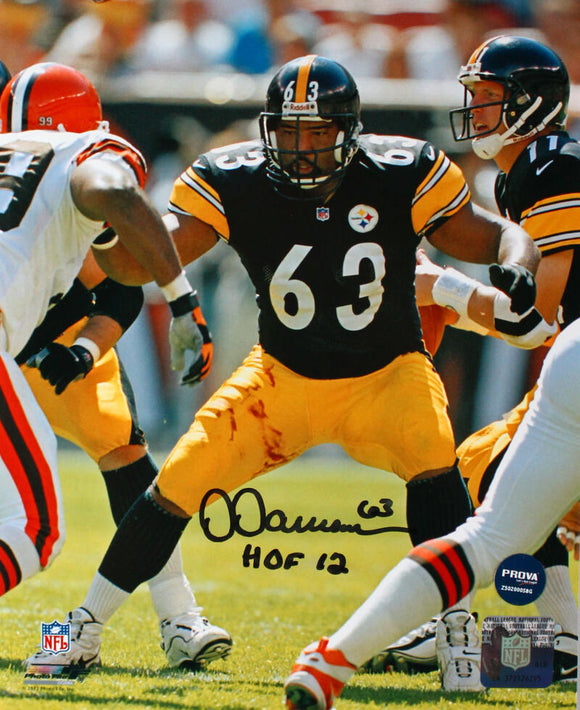 Dermontti Dawson Autographed Steelers 8x10 Blocking PF Photo w/HOF- Prova *Black Image 1