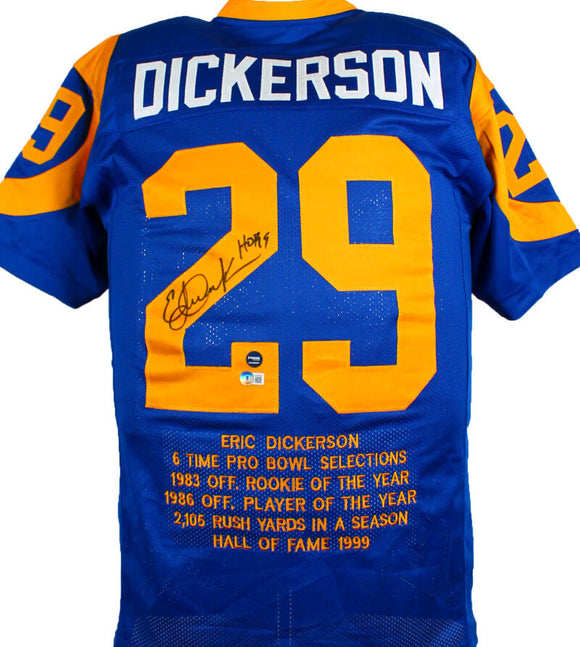 Eric Dickerson Autographed Blue Pro Style STAT Jersey w/ HOF - Beckett W Hologram *Black Image 1