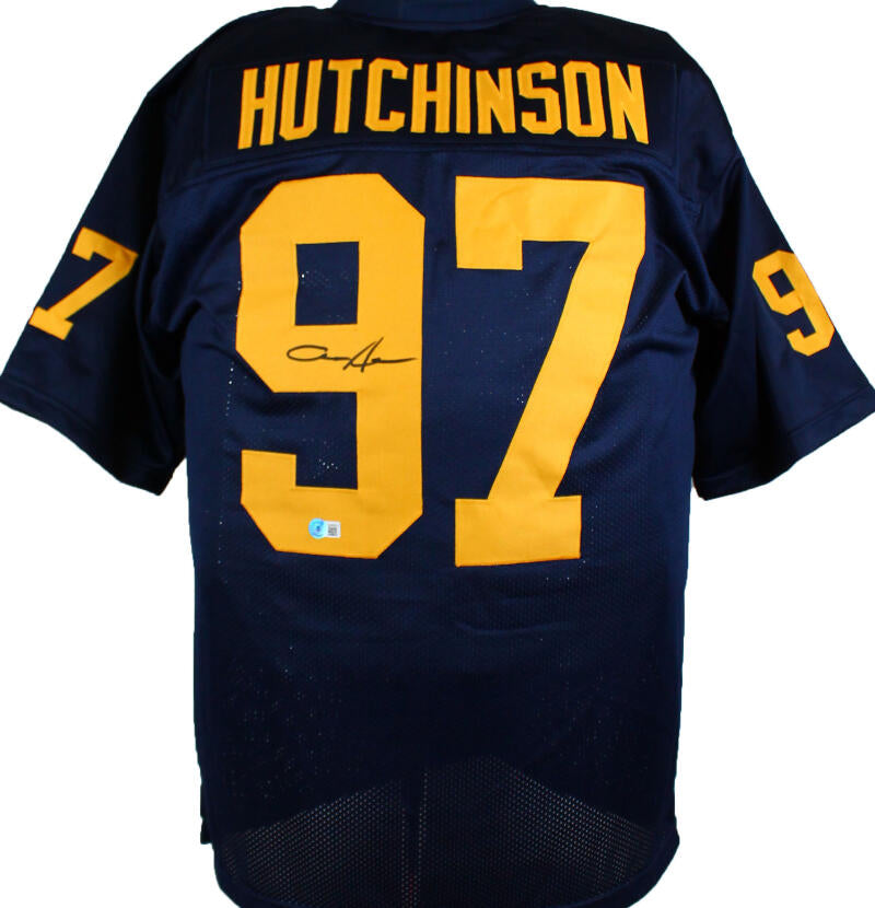 The Jersey Source Autographs Aidan Hutchinson Autographed Blue College Style Jersey - Beckett W Hologram