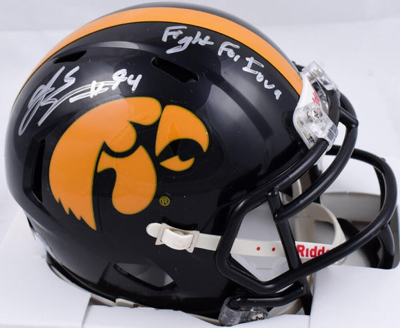 AJ Epenesa Autographed Iowa Hawkeyes Speed Mini Helmet w/Fight for Iowa-Beckett W Hologram *Silver Image 1