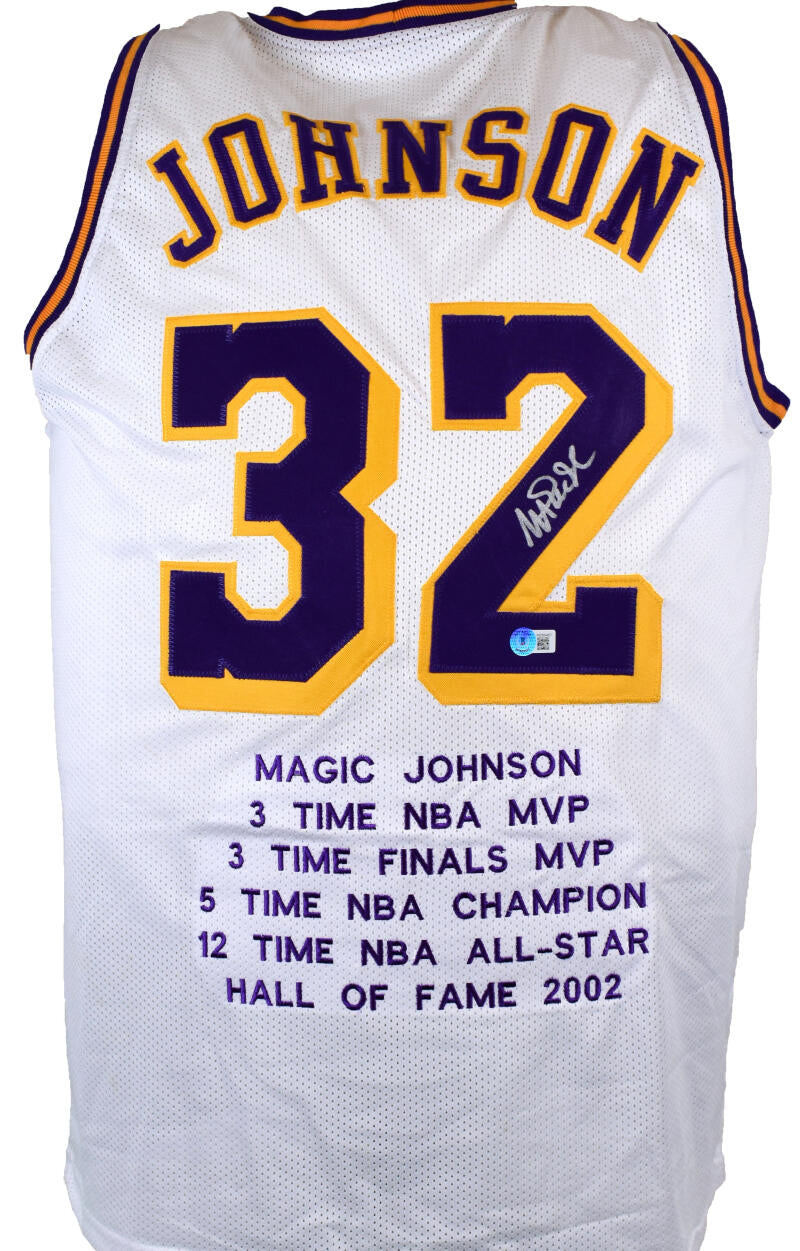 Magic Johnson Autographed/Signed Showtime Purple XL Jersey BAS