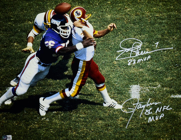 Lawrence Taylor Joe Theismann Autographed NFL 16x20 Tackle Photo w/MVP-Beckett W Hologram *White Image 1