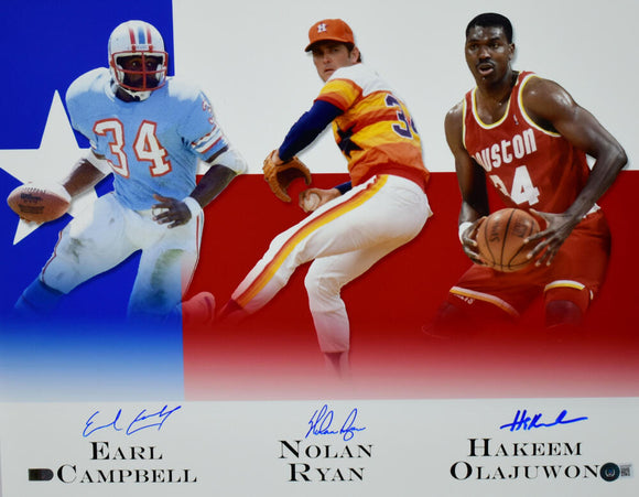 Earl Campbell Nolan Ryan Olajuwon Signed 16x20 Houston 34 Legends Photo-Beckett W Hologram *Blue Image 1