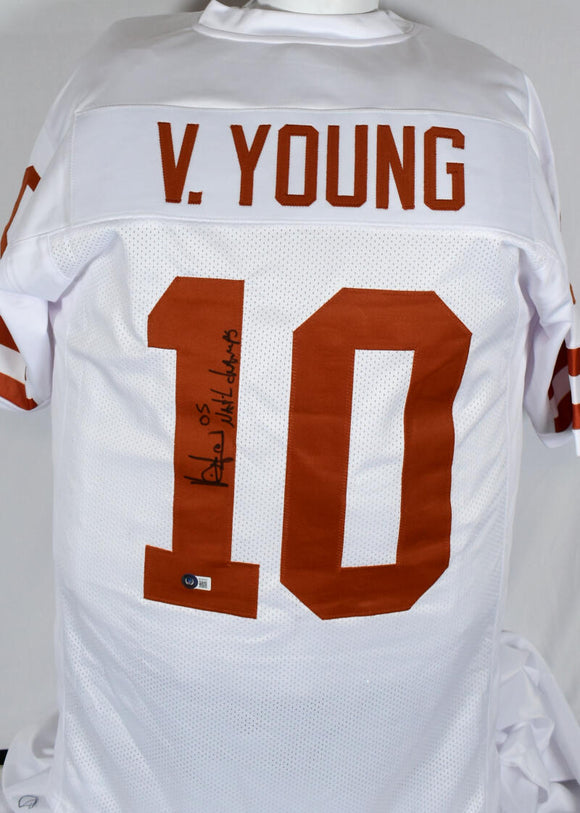 Vince Young Autographed WhiteCollege Style Jersey w/Natl Champs- Beckett W Hologram *Black Image 1
