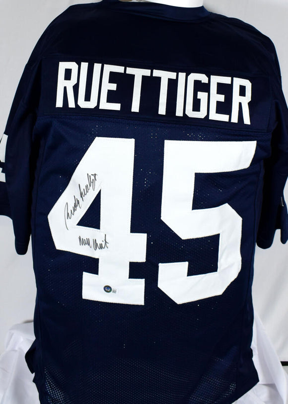 Rudy Ruettiger Autographed Blue College Style Jersey w/Never Quit- Beckett W Hologram *Black Image 1
