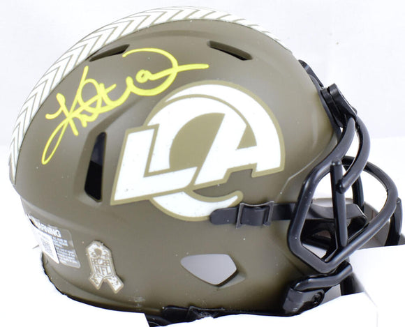 Kurt Warner Autographed Rams Salute to Service Speed Mini Helmet - Beckett W Hologram *Yellow Image 1