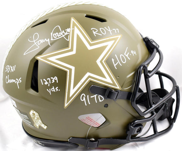 Tony Dorsett Autographed Dallas Cowboys F/S Salute to Service Speed Authentic Helmet w/5 Stat-Beckett W Hologram *White Image 1