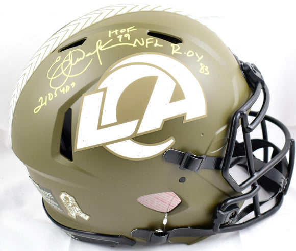 Eric Dickerson Autographed F/S Rams Salute to Service Speed Authentic Helmet W/3 insc. - Beckett W Hologram *Yellow Image 1