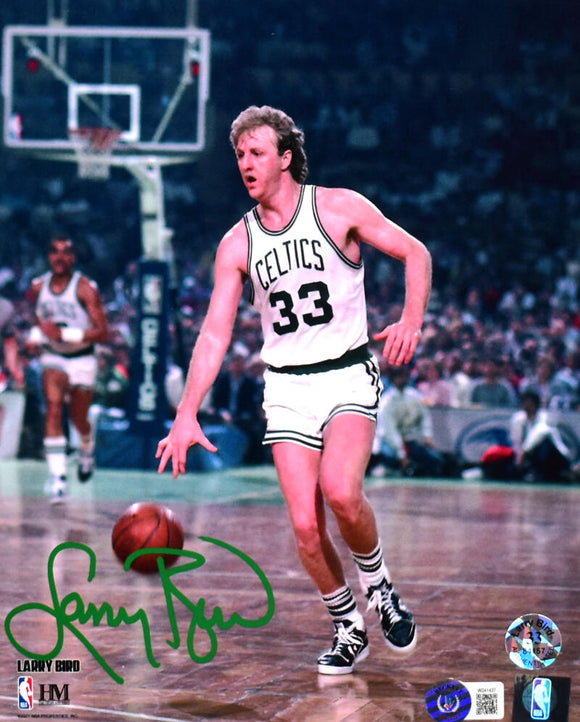 Larry Bird Autographed Boston Celtics 8x10 Dribbling Photo-Beckett W Hologram *Green Image 1