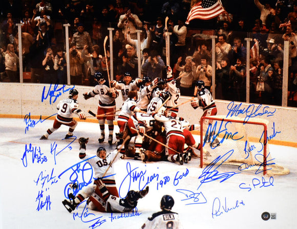 1980 Miracle On Ice Team USA Autographed 16x20 Photo w/19 Signatures- Beckett W Hologram *Blue Image 1