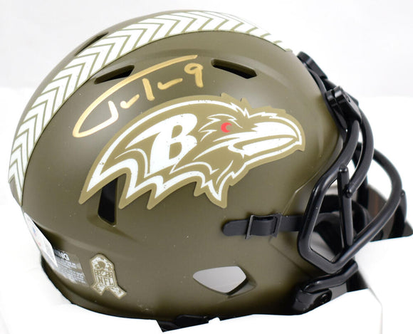 Justin Tucker Autographed Baltimore Ravens Salute to Service Speed Mini Helmet- Beckett W Hologram *Gold Image 1