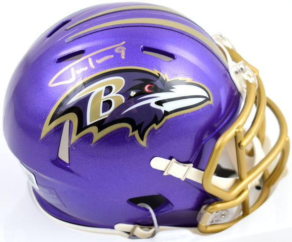 Justin Tucker Autographed Baltimore Ravens Flash Speed Mini Helmet- Beckett W Hologram *Gold Image 1