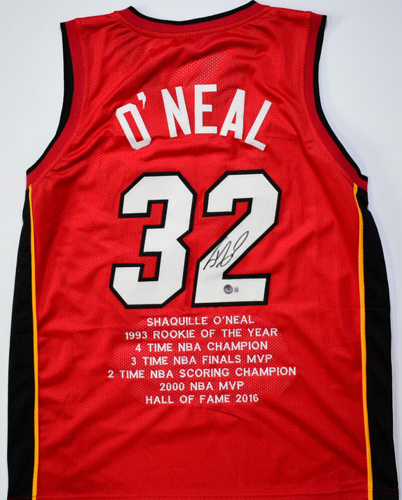 The Jersey Source Autographs Shaquille O'Neal Autographed Red Miami Pro Style Stat Jersey - Beckett W Holo